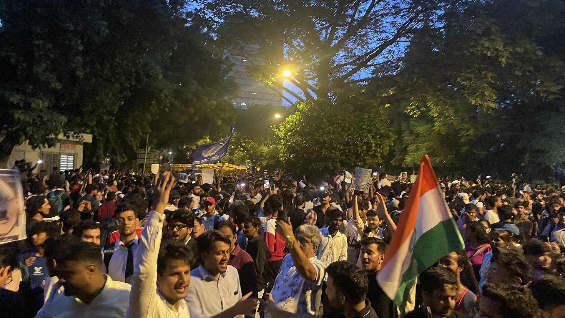 Evening crowd with a tricolour at Jantar Mantar, Delhi